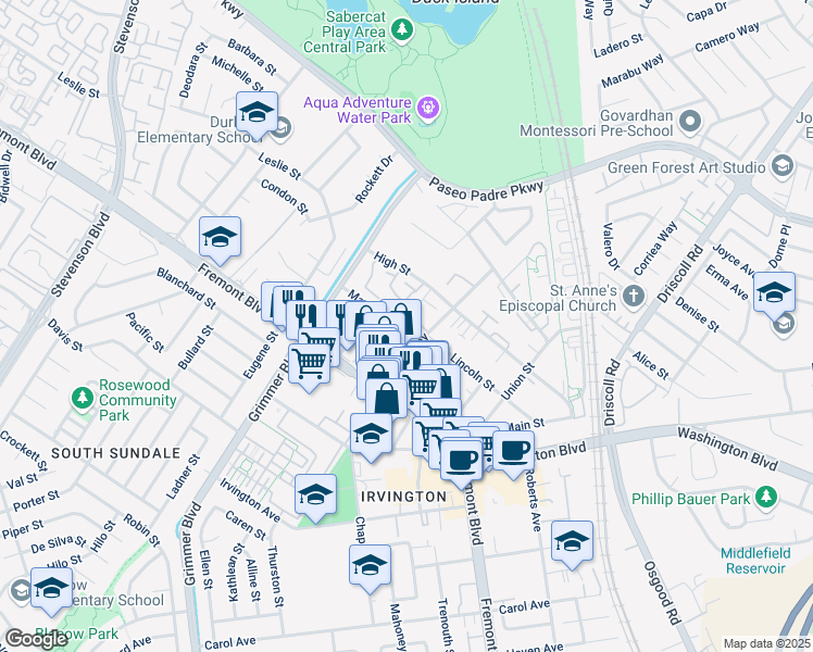 map of restaurants, bars, coffee shops, grocery stores, and more near 40703 Witherspoon Terrace in Fremont