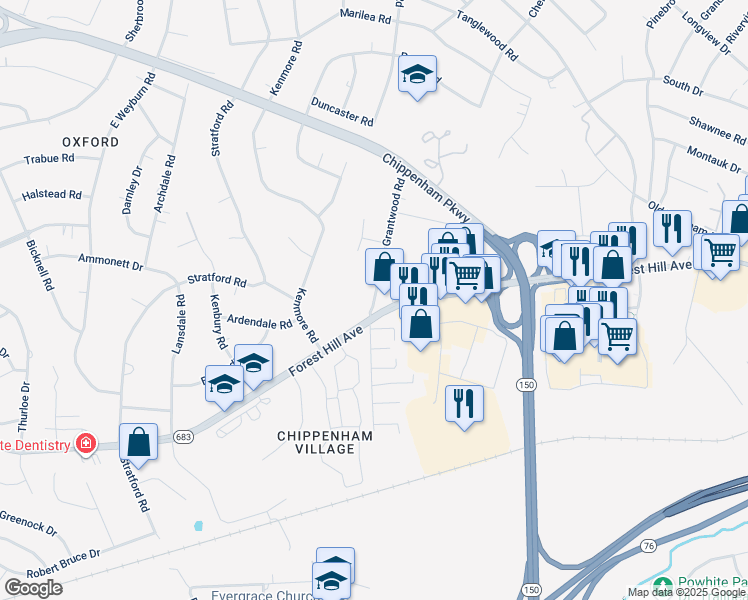 map of restaurants, bars, coffee shops, grocery stores, and more near 2700 Grantwood Road in Richmond
