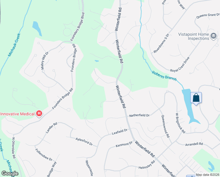 map of restaurants, bars, coffee shops, grocery stores, and more near 14300 Winter Ridge Lane in Midlothian