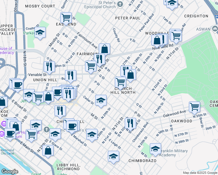 map of restaurants, bars, coffee shops, grocery stores, and more near 1007 North 27th Street in Richmond