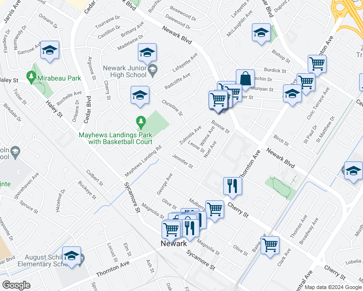 map of restaurants, bars, coffee shops, grocery stores, and more near 6328 Zulmida Avenue in Newark
