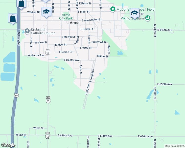 map of restaurants, bars, coffee shops, grocery stores, and more near 605 East Road in Arma