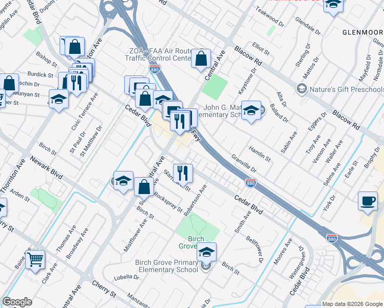 map of restaurants, bars, coffee shops, grocery stores, and more near 37794 Taro Terrace in Newark