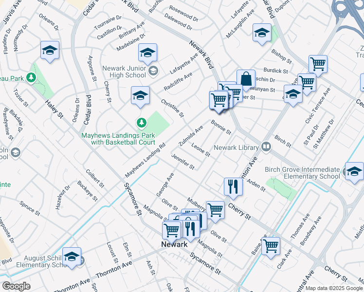 map of restaurants, bars, coffee shops, grocery stores, and more near 6328 Zulmida Avenue in Newark
