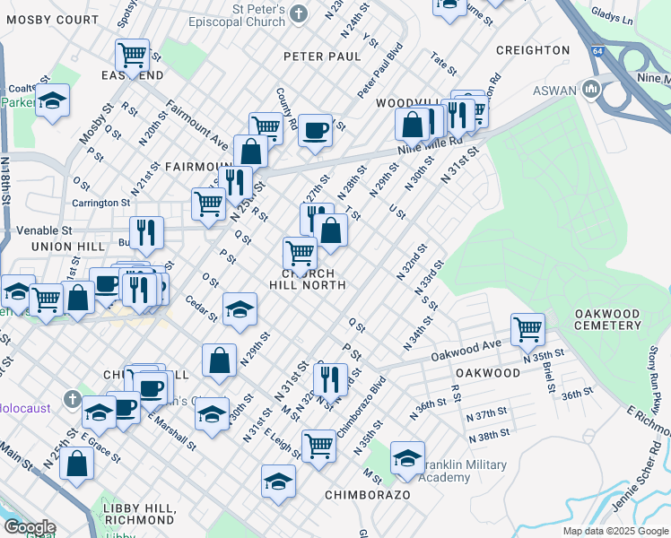 map of restaurants, bars, coffee shops, grocery stores, and more near 1215 North 29th Street in Richmond