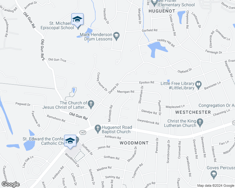 map of restaurants, bars, coffee shops, grocery stores, and more near 2946 Monteith Road in Richmond