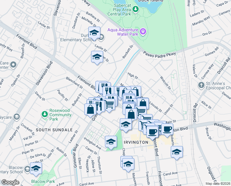 map of restaurants, bars, coffee shops, grocery stores, and more near 3878 Eugene Street in Fremont