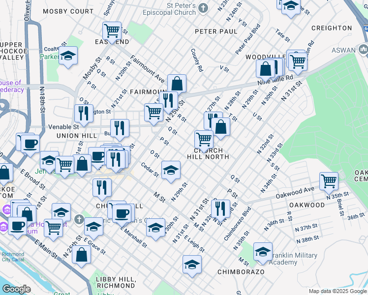 map of restaurants, bars, coffee shops, grocery stores, and more near 1007 North 27th Street in Richmond