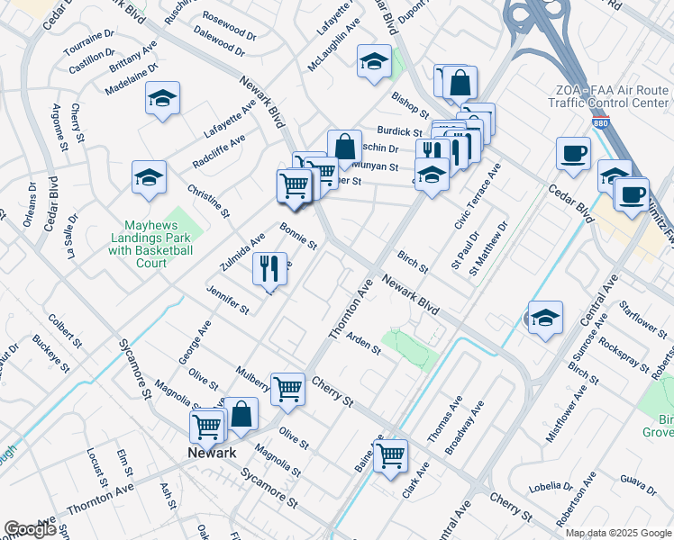 map of restaurants, bars, coffee shops, grocery stores, and more near 36813 Newark Boulevard in Newark