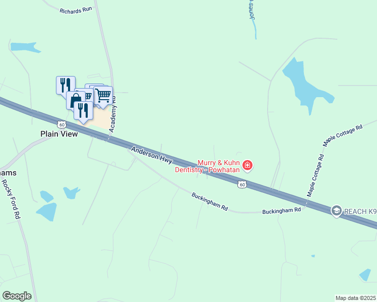 map of restaurants, bars, coffee shops, grocery stores, and more near 3312 Anderson Highway in Powhatan