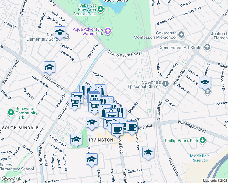map of restaurants, bars, coffee shops, grocery stores, and more near 40484 Chapel Way in Fremont