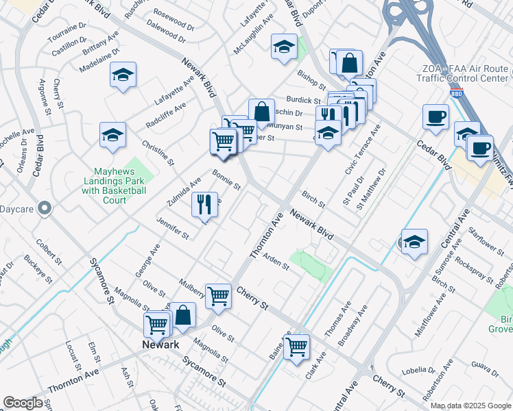 map of restaurants, bars, coffee shops, grocery stores, and more near 36813 Newark Boulevard in Newark