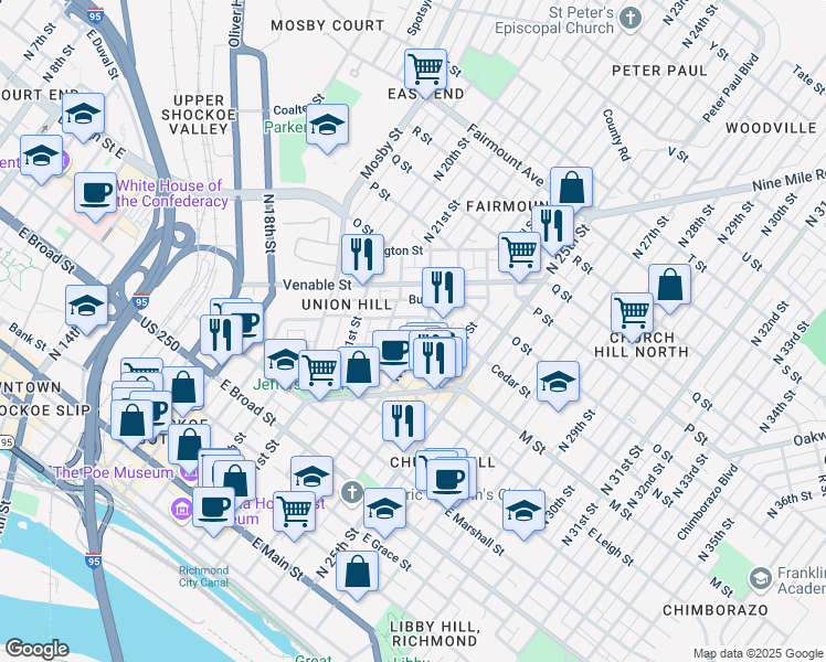 map of restaurants, bars, coffee shops, grocery stores, and more near 2200 Cedar Street in Richmond