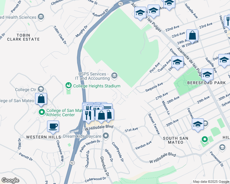 map of restaurants, bars, coffee shops, grocery stores, and more near 2755 Campus Drive in San Mateo