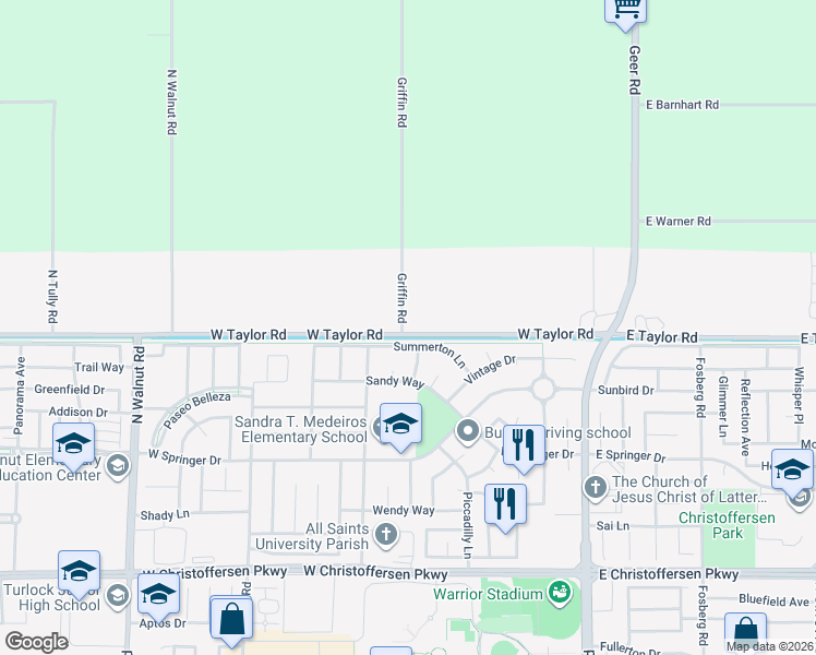 map of restaurants, bars, coffee shops, grocery stores, and more near 5131 Griffin Road in Turlock