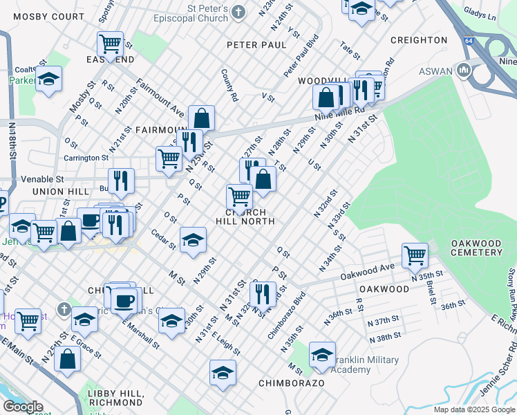 map of restaurants, bars, coffee shops, grocery stores, and more near 2909 R Street in Richmond