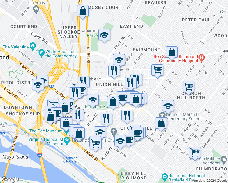 map of restaurants, bars, coffee shops, grocery stores, and more near 611 North 21st Street in Richmond