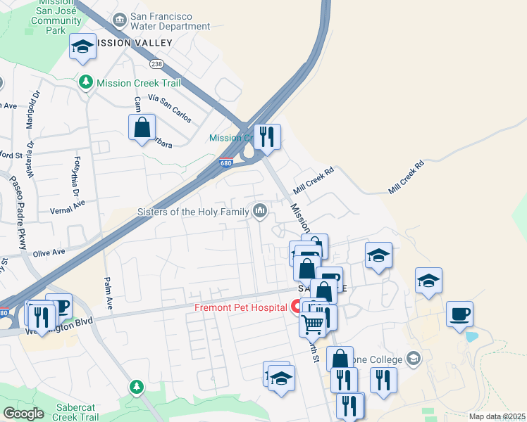 map of restaurants, bars, coffee shops, grocery stores, and more near 42955 Corte Verde in Fremont