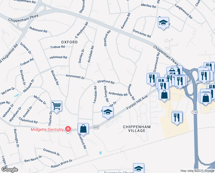 map of restaurants, bars, coffee shops, grocery stores, and more near 2817 Kenbury Road in Richmond