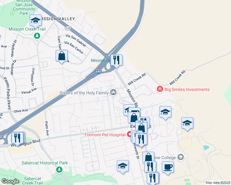 map of restaurants, bars, coffee shops, grocery stores, and more near 42965 Corte Verde in Fremont