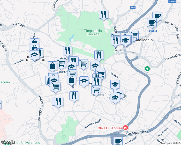 map of restaurants, bars, coffee shops, grocery stores, and more near 44 Via Puglia in Catania