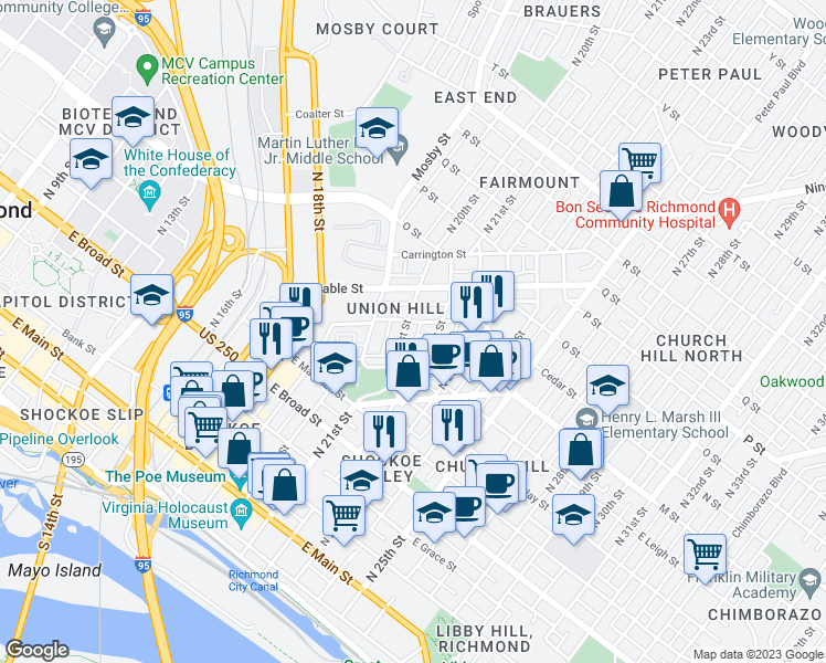 map of restaurants, bars, coffee shops, grocery stores, and more near 613 North 21st Street in Richmond