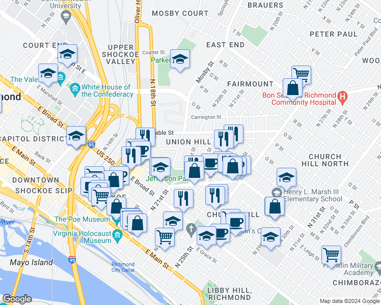 map of restaurants, bars, coffee shops, grocery stores, and more near 612 North 21st Street in Richmond