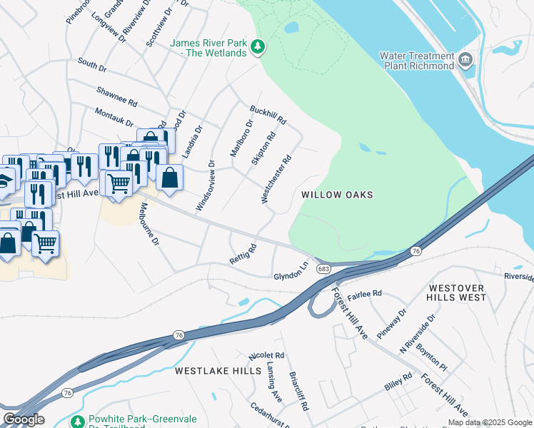 map of restaurants, bars, coffee shops, grocery stores, and more near 2740 Rettig Road in Richmond