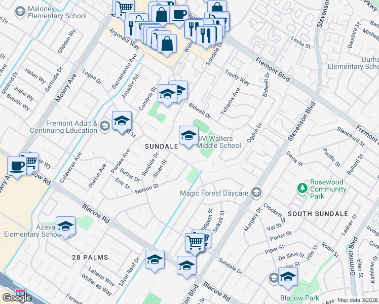 map of restaurants, bars, coffee shops, grocery stores, and more near 39600 Logan Drive in Fremont