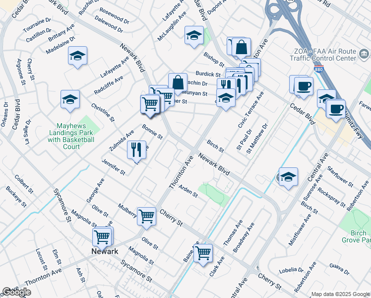 map of restaurants, bars, coffee shops, grocery stores, and more near 36903 Birch Street in Newark
