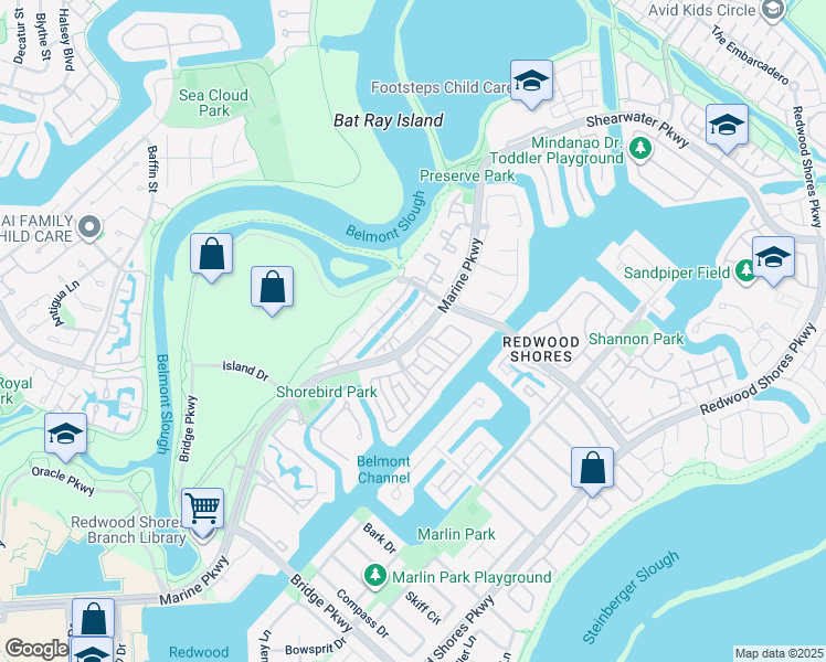 map of restaurants, bars, coffee shops, grocery stores, and more near 868 Boardwalk Place in Redwood City