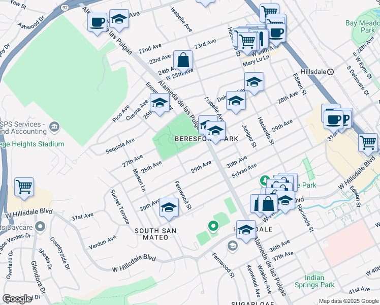 map of restaurants, bars, coffee shops, grocery stores, and more near 2720 Alameda de las Pulgas in San Mateo