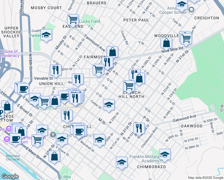 map of restaurants, bars, coffee shops, grocery stores, and more near 1004 1/2 North 26th Street in Richmond