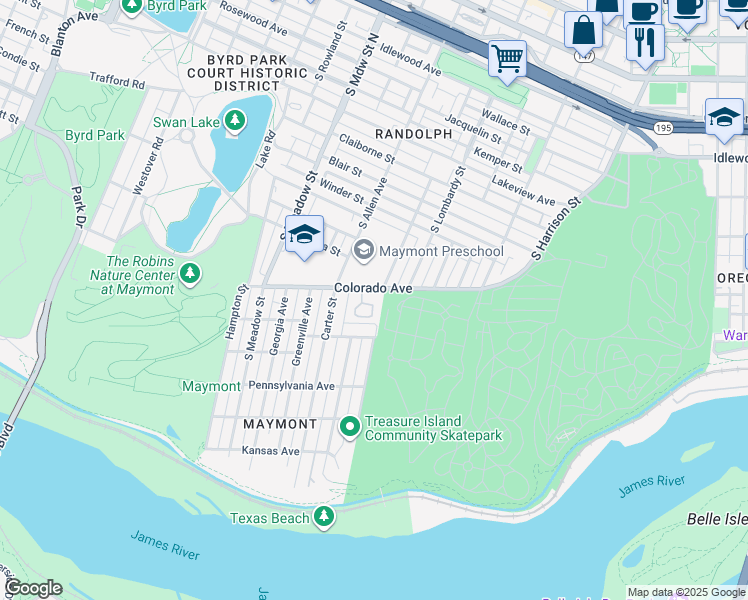 map of restaurants, bars, coffee shops, grocery stores, and more near 1140 Sumpter Street in Richmond