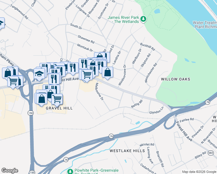 map of restaurants, bars, coffee shops, grocery stores, and more near 6724 Forest Hill Avenue in Richmond