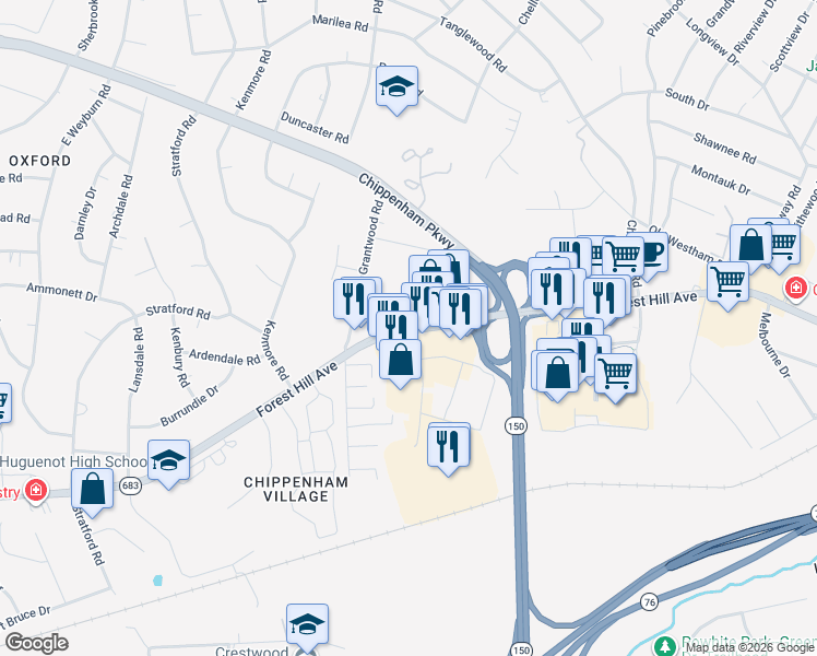 map of restaurants, bars, coffee shops, grocery stores, and more near Forest Hill Ave & Sheila Ln in Richmond