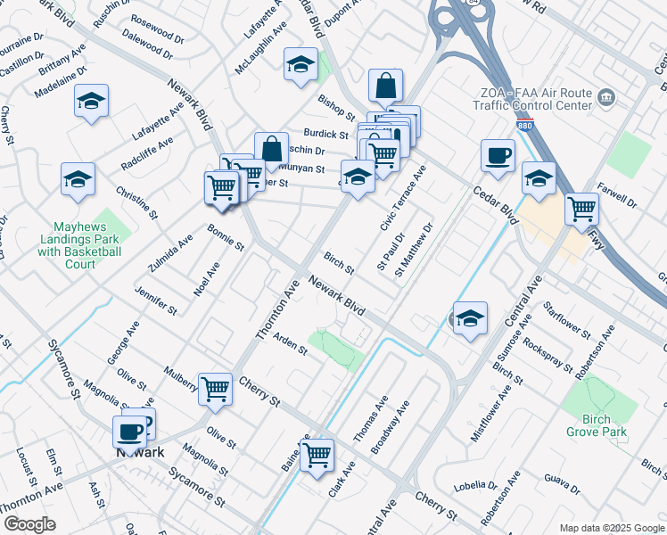 map of restaurants, bars, coffee shops, grocery stores, and more near 37059 Birch Street in Newark