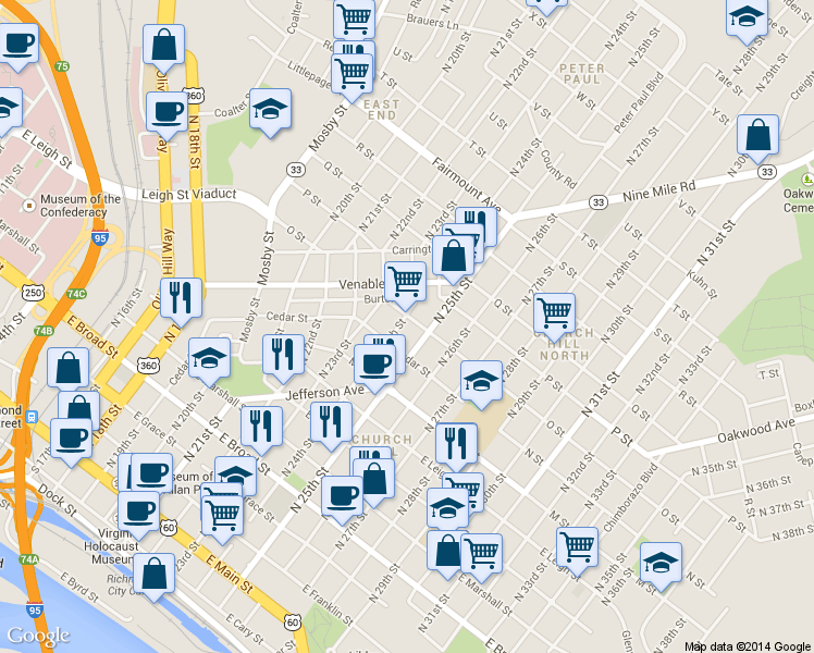 map of restaurants, bars, coffee shops, grocery stores, and more near 819 North 24th Street in Richmond