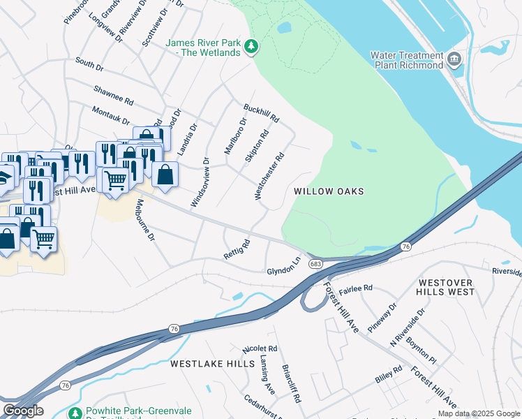 map of restaurants, bars, coffee shops, grocery stores, and more near 2740 Rettig Road in Richmond