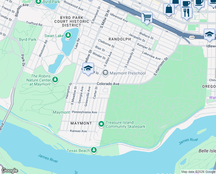 map of restaurants, bars, coffee shops, grocery stores, and more near 1140 Sumpter Street in Richmond