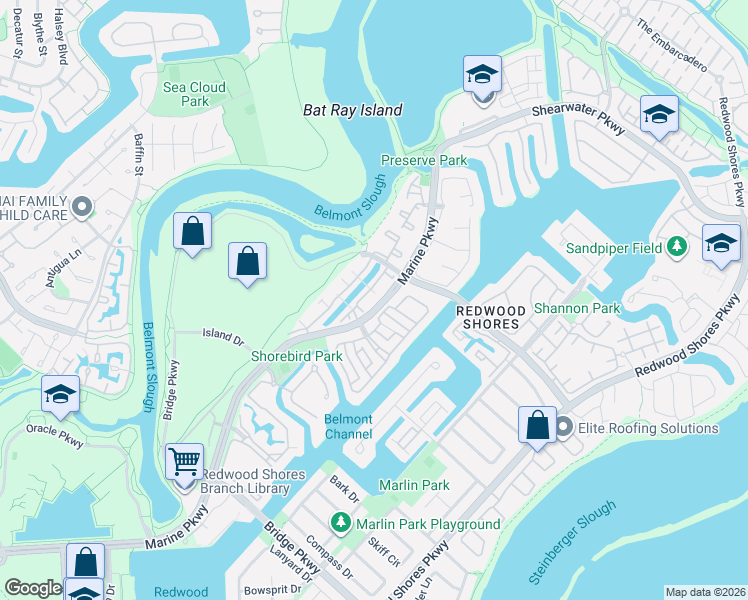 map of restaurants, bars, coffee shops, grocery stores, and more near 868 Boardwalk Place in Redwood City