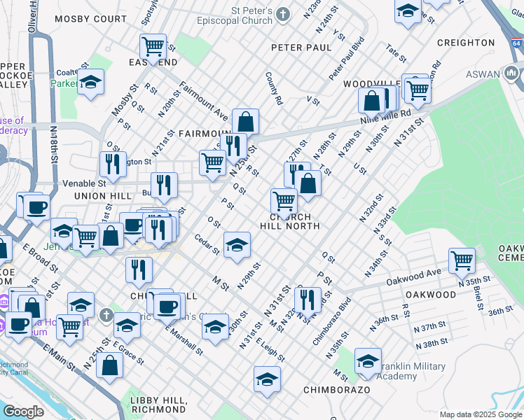 map of restaurants, bars, coffee shops, grocery stores, and more near 2711 Q Street in Richmond