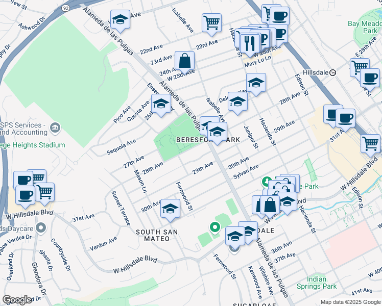 map of restaurants, bars, coffee shops, grocery stores, and more near 2720 Alameda de las Pulgas in San Mateo