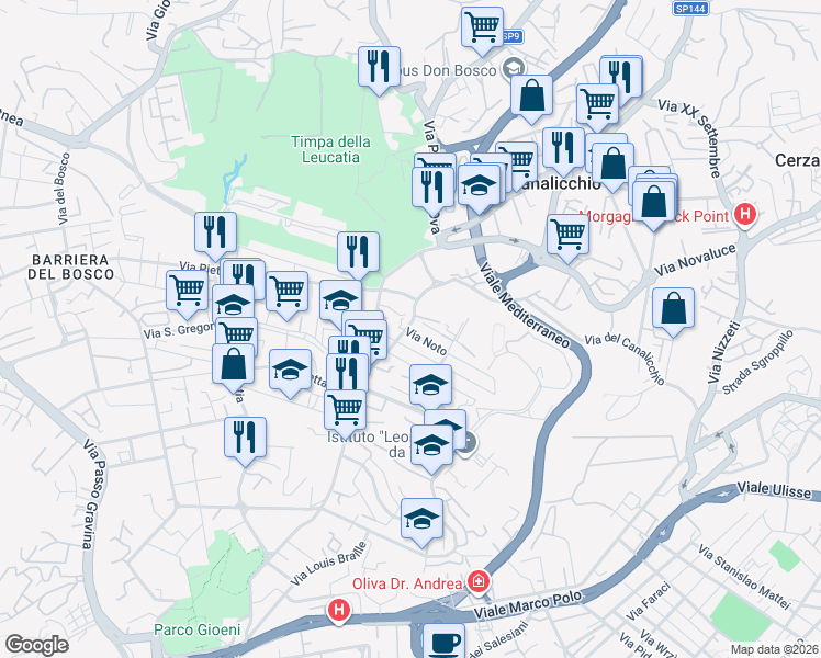 map of restaurants, bars, coffee shops, grocery stores, and more near 72 Via Ferro Fabiani in Catania