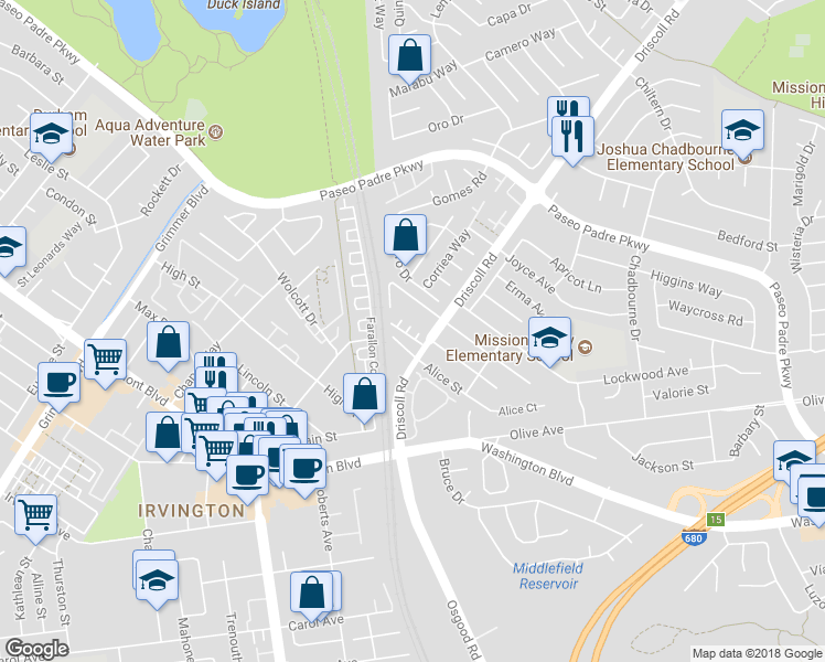 map of restaurants, bars, coffee shops, grocery stores, and more near 2839 Casita Terrace in Fremont