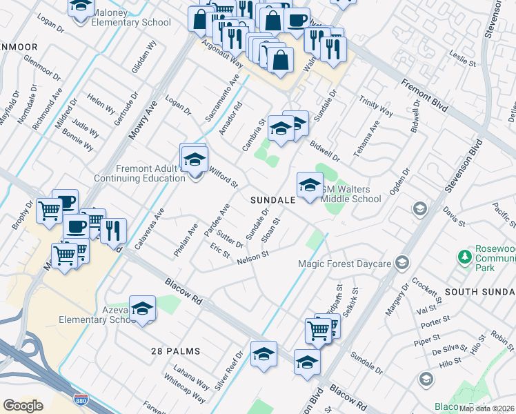 map of restaurants, bars, coffee shops, grocery stores, and more near 39548 Wilford Court in Fremont