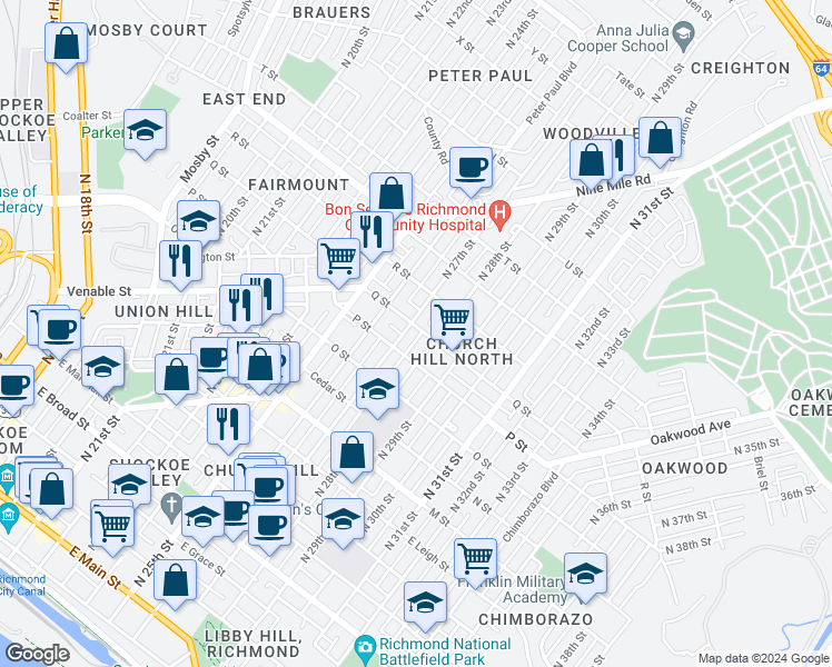 map of restaurants, bars, coffee shops, grocery stores, and more near 2709 Q Street in Richmond