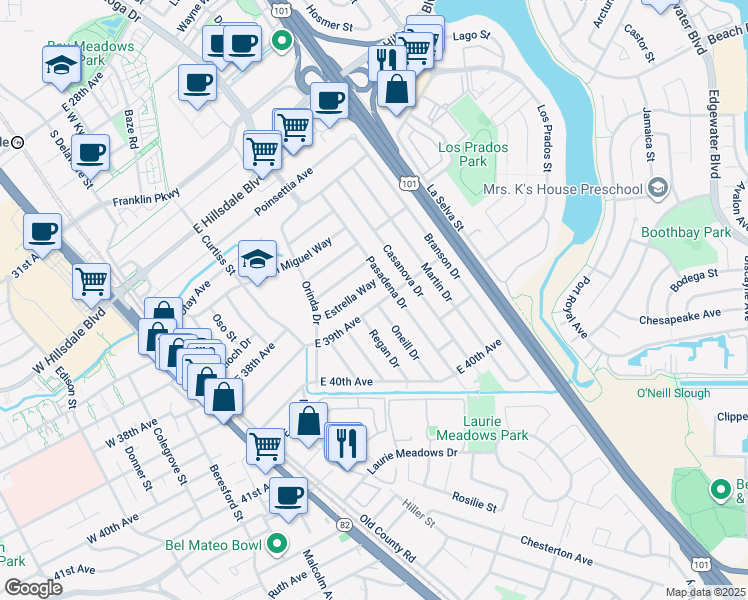map of restaurants, bars, coffee shops, grocery stores, and more near 337 East 39th Avenue in San Mateo