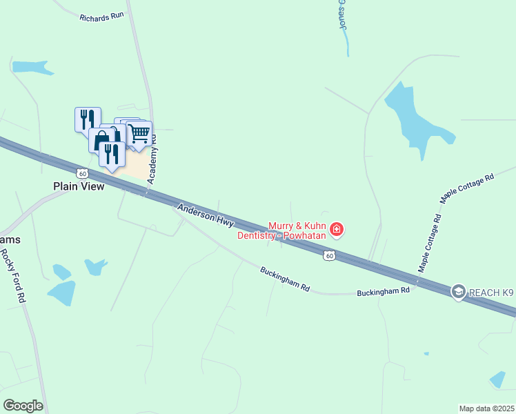 map of restaurants, bars, coffee shops, grocery stores, and more near 3312 Anderson Highway in Powhatan