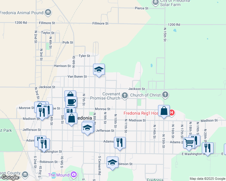 map of restaurants, bars, coffee shops, grocery stores, and more near Jackson St in Fredonia